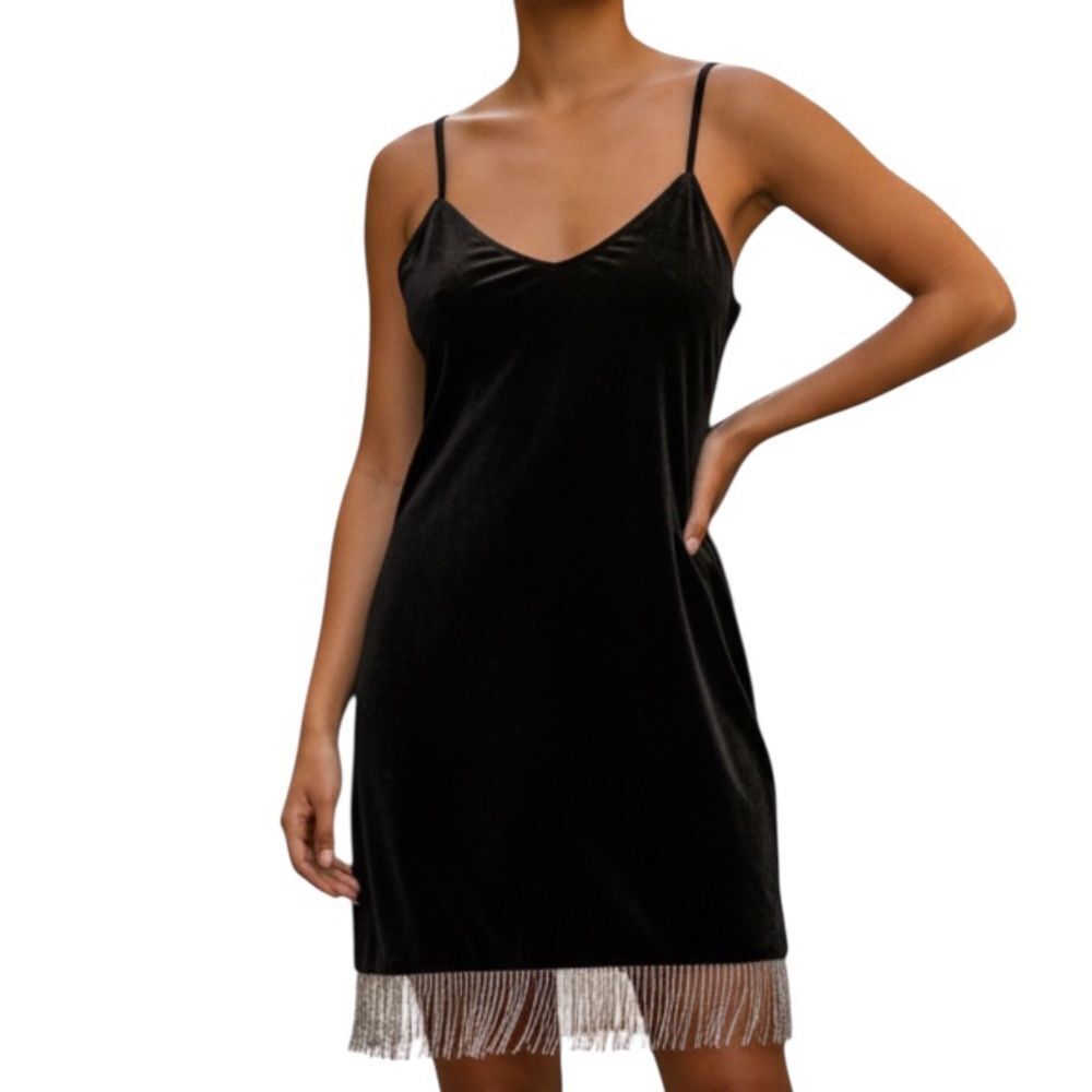 Kontatto Black Fringe Velvet Slip Black Dress(Size Medium)